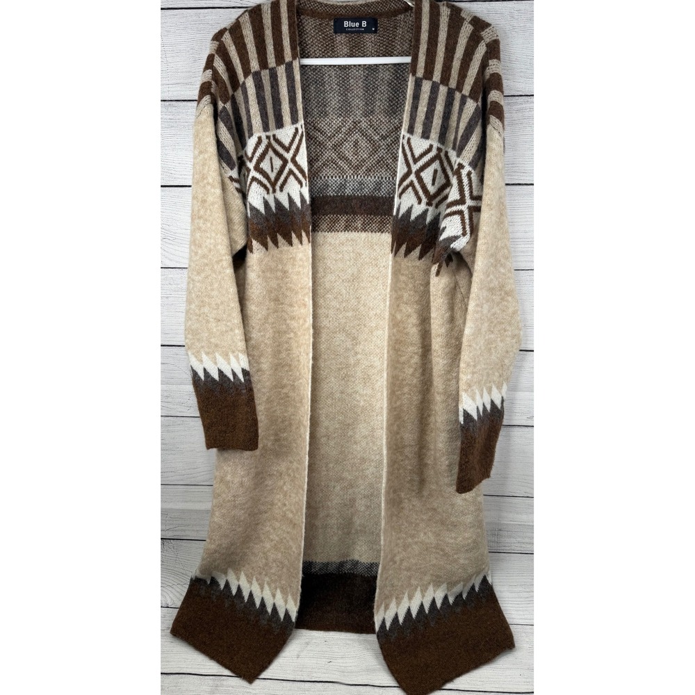 Blue B Collection Woman's Taupe & Brown Aztec Tribal Western Boho Long Sweater M